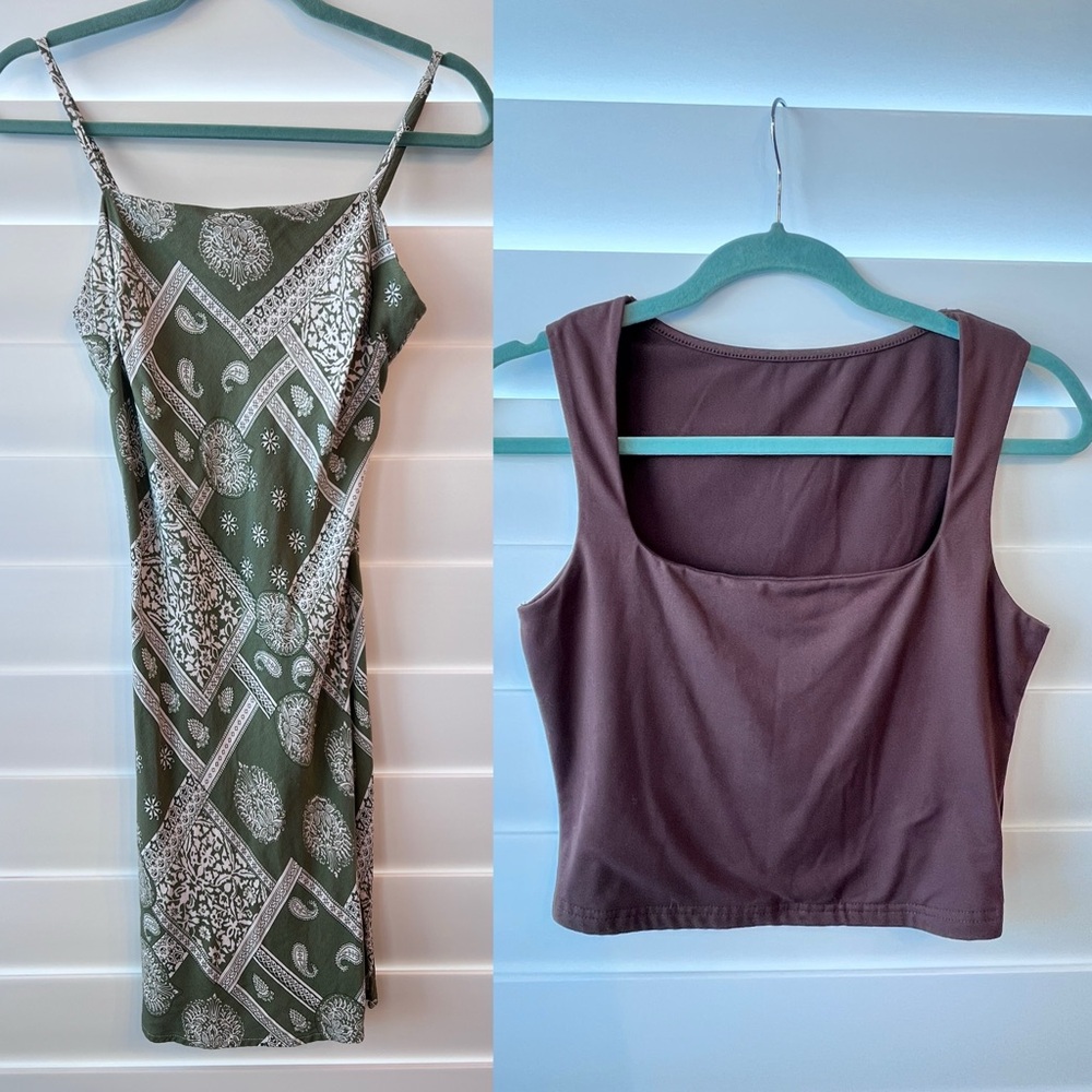 SHEIN Green Patterned Dress and Brown Sleeveless Top Set